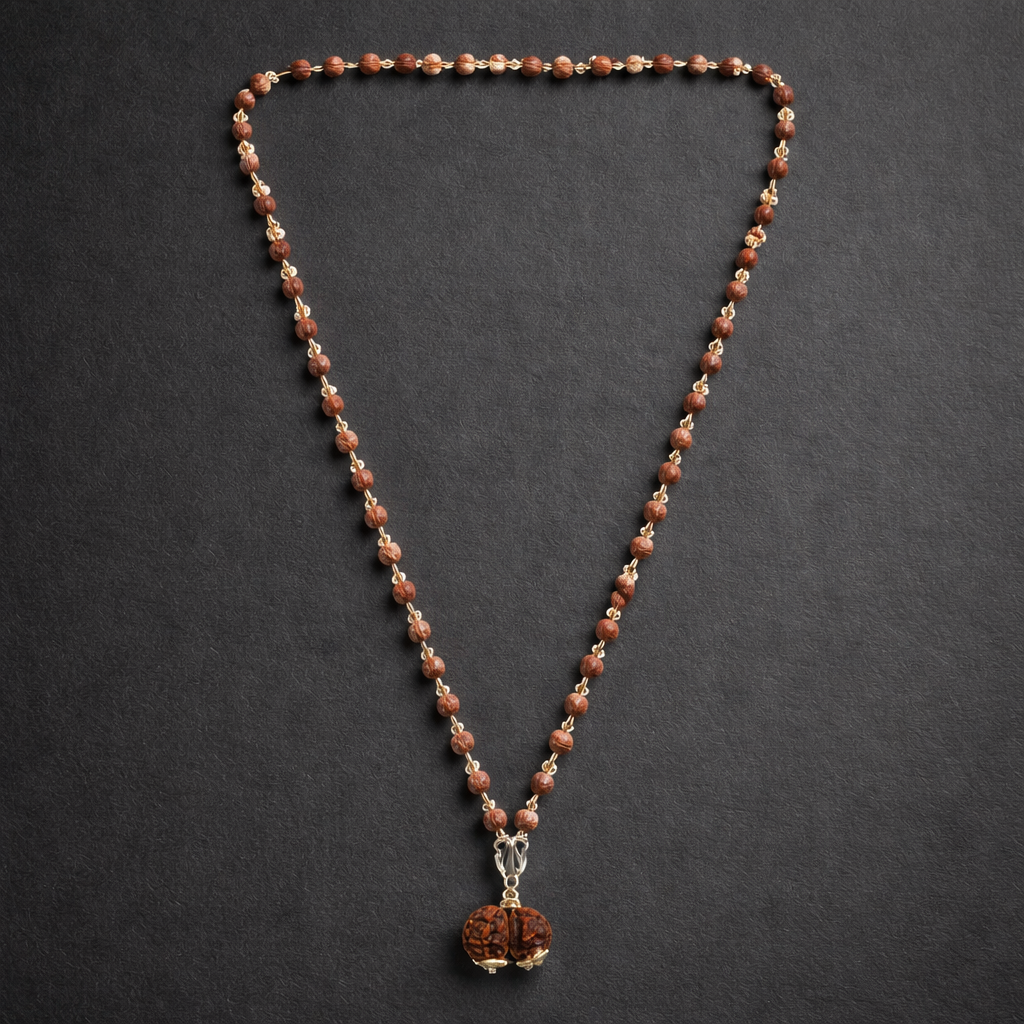 5 Mukhi Silver Rudraksha Mala - With Natural Garbh-Gauri Rudraksha Pendant